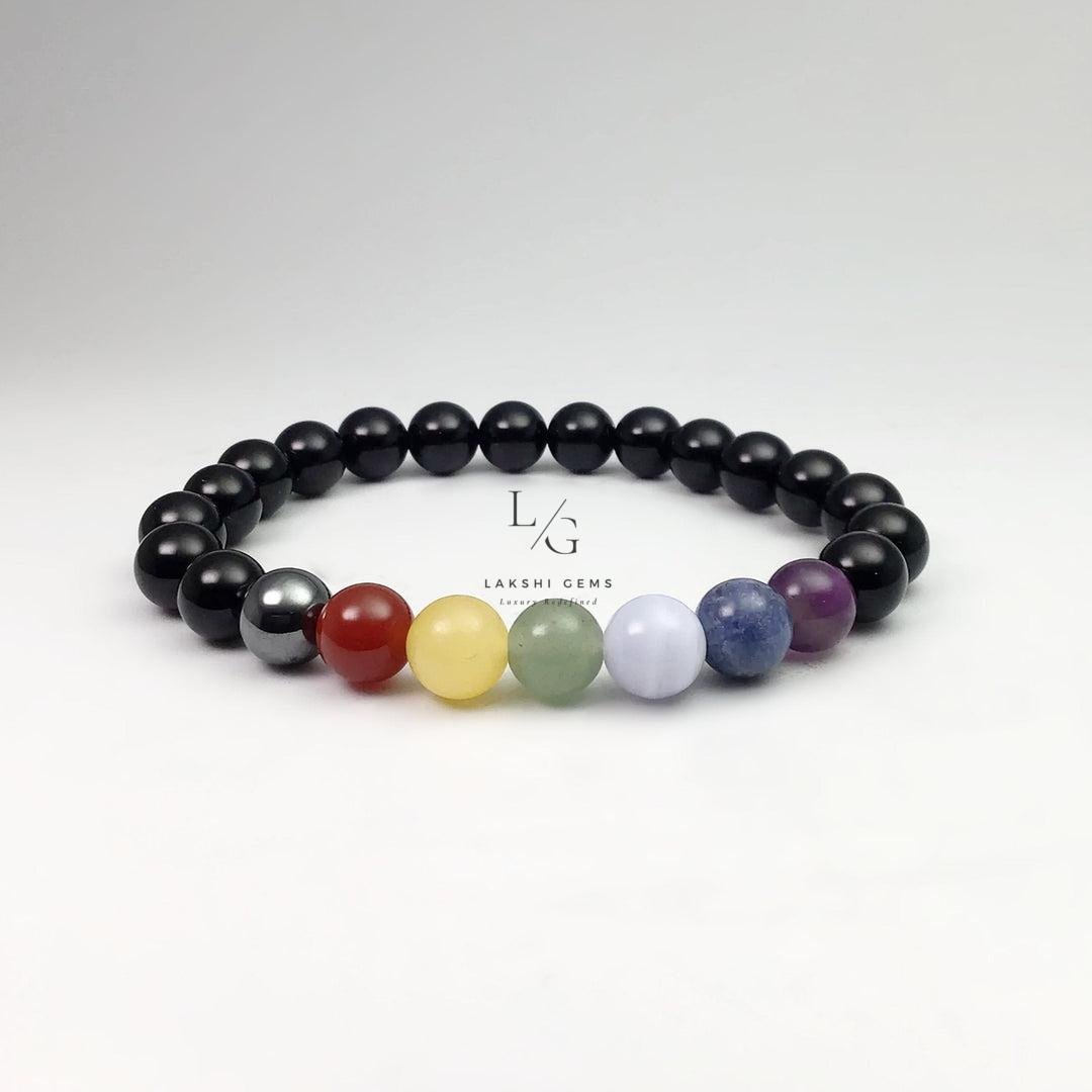 Black Banded Agate Onyx 7 Chakra Bracelet 8mm
