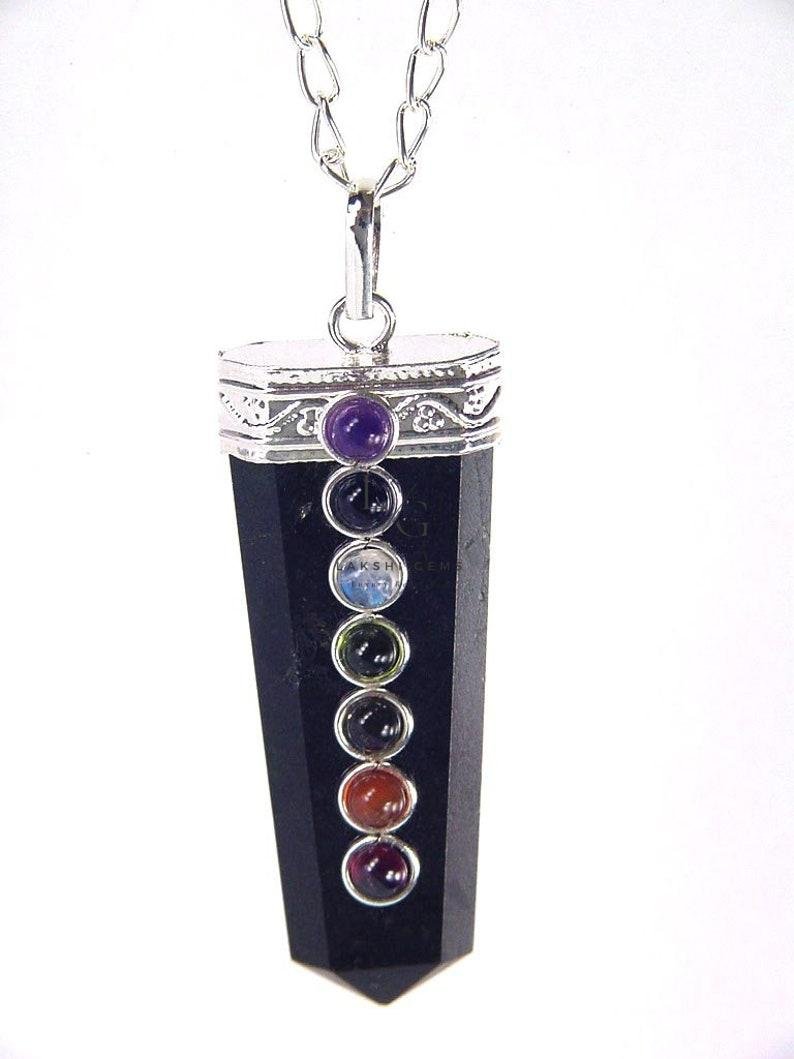 Black Tourmaline 7 Chakra Pencil Pendant