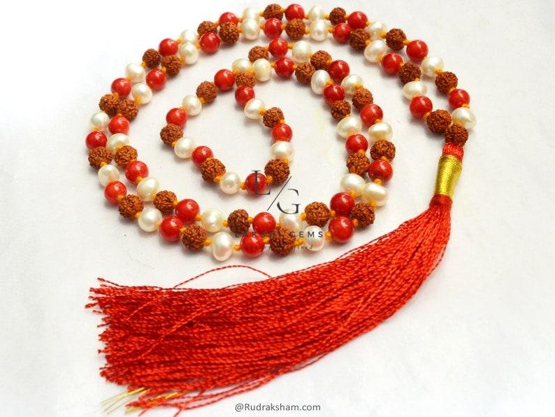Rudraksha Mala with Moonga & White Pearl Beads - Image 2