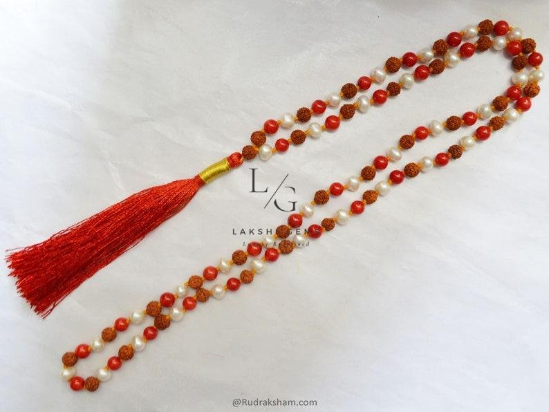 Rudraksha Mala with Moonga & White Pearl Beads - Image 3