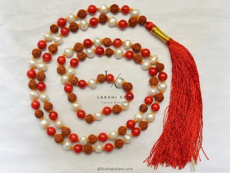 Rudraksha Mala with Moonga & White Pearl Beads