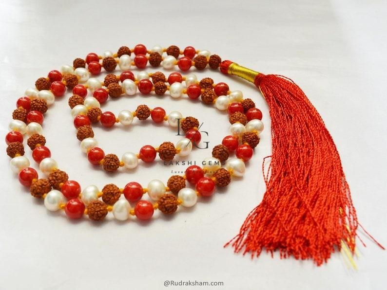 Rudraksha Mala with Moonga & White Pearl Beads - Image 4