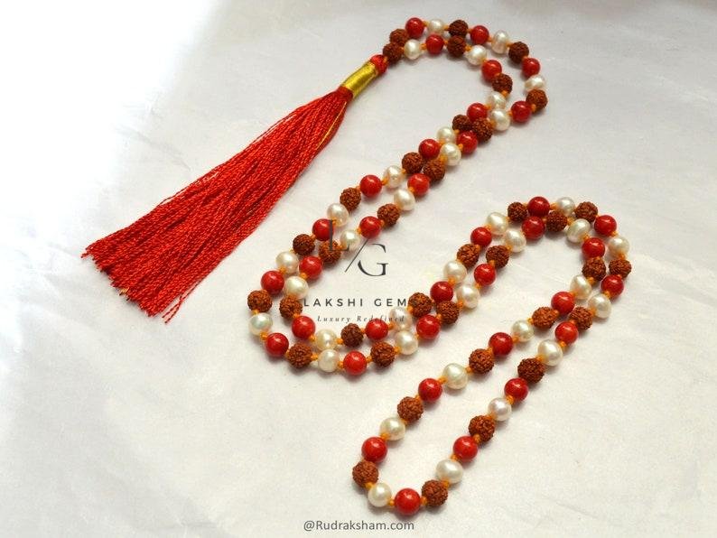 Rudraksha Mala with Moonga & White Pearl Beads - Image 6
